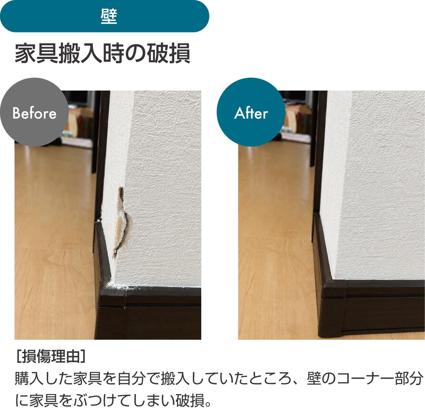 ［損傷理由］
購入した家具を自分で搬入していたところ、壁のコーナー部分に家具をぶつけてしまい破損。
