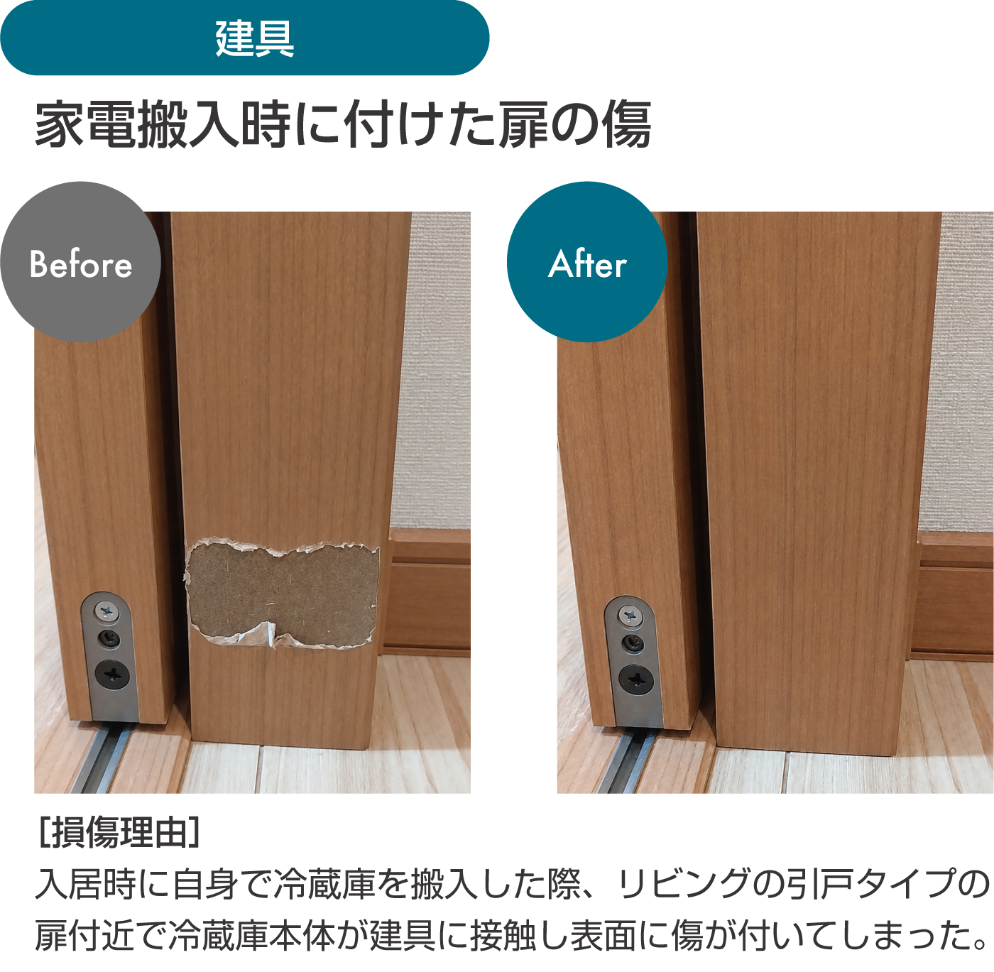 ［損傷理由］
入居時に自身で冷蔵庫を搬入した際、リビングの引戸タイプの扉付近で冷蔵庫本体が建具に接触し表面に傷が付いてしまった。